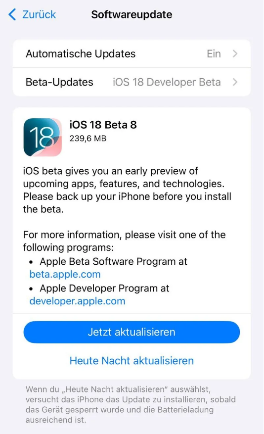 丰县苹果手机维修分享苹果 iOS / iPadOS 18 开发者预览版 Beta 8 发布 